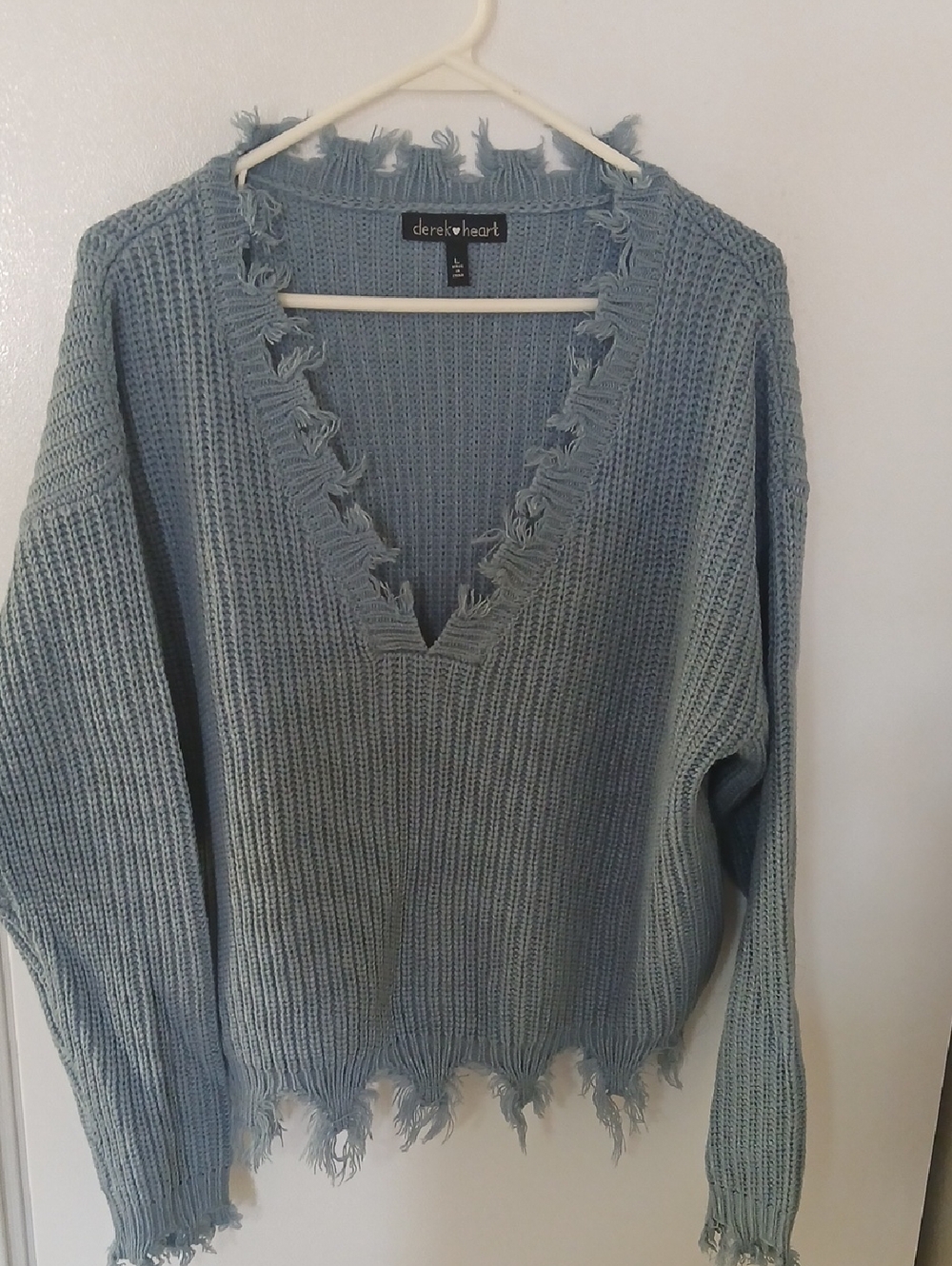 Derek Heart Dusty Blue Distressed V-Neck Sweater